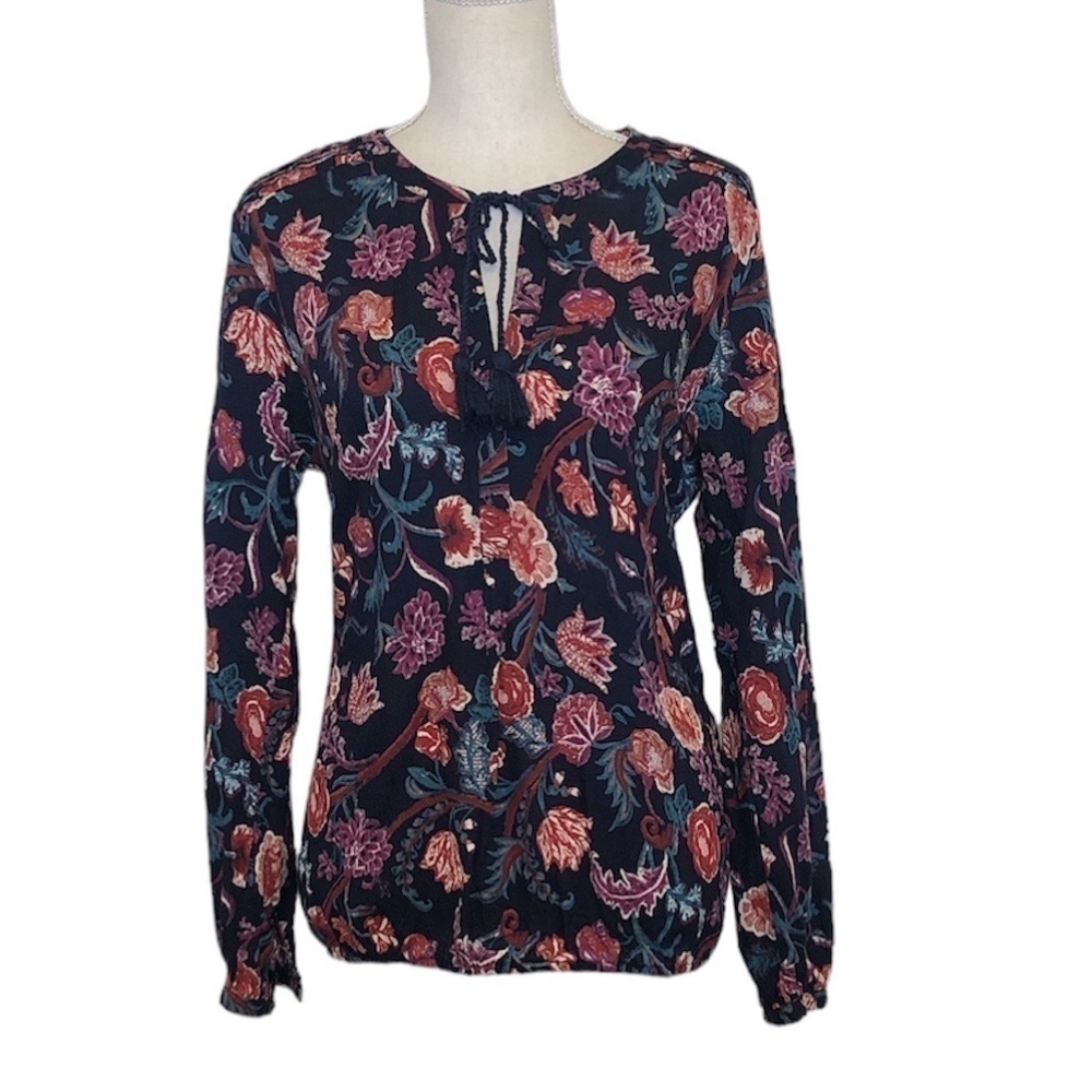 LUCKY BRAND Blouse Women's Size Medium Blue Pink Floral V-Neck Long Sleeve Top